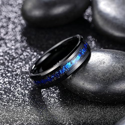 King Will Mens Wedding Band with Foils Inlay, Black/Silver/Gold Beveled Edge Glowstone Ring, 6mm/8mm Tungsten Carbide Rings Comfort Fit - color: Black&Blue-6mm