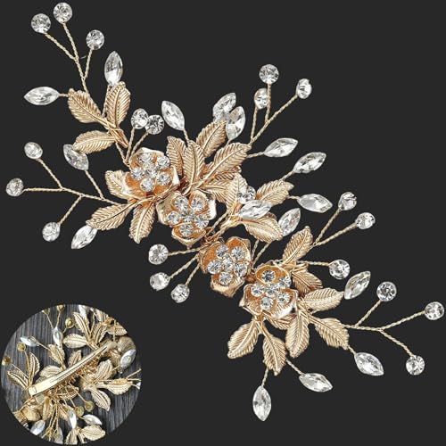 Bridal Hair Accessories Bright Gold Handmade Rhinestone Wedding Hair Duckbilled Clip for Brides, Wedding Head Pieces for Women and Bridesmaids Flower Girls - color: Bright KC Gold