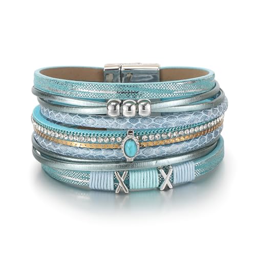 Edoneery Leather Wrap Bracelets for Women, Boho Layered Cuff Bangle | Multi-layer Leather Cuff, Daily wear, Stackable Bangle, Easy on-off, Western Jewelry Gifts for Women - color: Blue-2