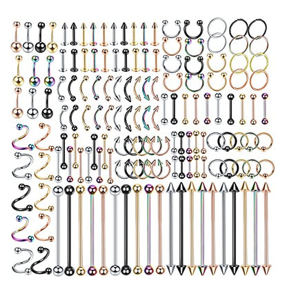 Oveta 150-151PCS Body Piercing Jewelry Lot 14G 16G 20G Stainless Steel Nose Lip Tongue Cartilage Tragus Eyebrow Industrial Barbell Belly Button Rings Piercing Kit Jewelry - style: 150pcs-Mixed Color