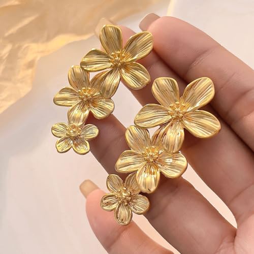 14K Gold Plated Heart Earrings for Women, Heart/Flower/Bow/Pearl Earrings Drop Stud Huggie Hoop Earring Hypoallergenic Earrings Christmas Earrings Festival Party Jewelry Gifts for Women - color: A-Gold Flower