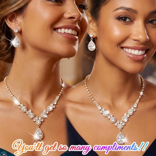 Unicra Bride Silver Bridal Necklace Earrings Set Crystal Bridal Wedding Jewelry Set Rhinestone Choker Necklace for Women and Brides - color: Gold