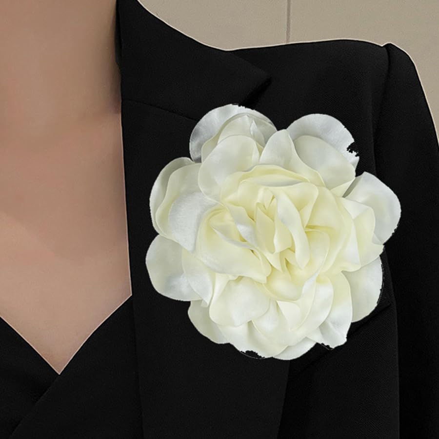 Dainty Satin Fabric Rose Flower Brooches 7.5in Extra Large Big Camellia Flower Brooches Lapel Pins for Women Wedding Party Dance Dress Clothes Accessories - color: Beige