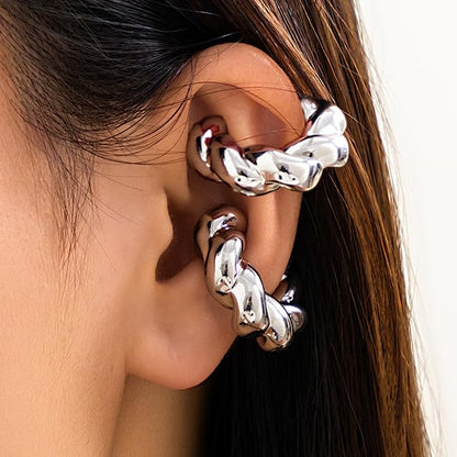 Gold Ear Cuff Earrings for Women Non Piercing 14K Gold Plated/Silver Cuff Clip On Cartilage Hoop Shining Cubic Zirconia Twisted Chain Ear Clip On Earring for Women Chunky Ear Cuffs Earrings - color: C-silver