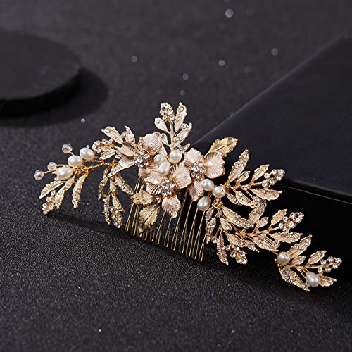 SWEETV Handmade Wedding Hair Comb Clip Rhinestone Bridal Hair Comb Piece, Gold Hair Accessories for Brides Wedding - color: 1.Gold