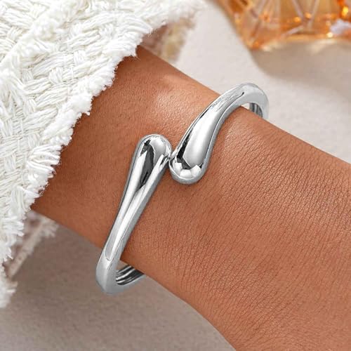 Gold Bracelets for Women Trendy Silver Bangle Cuff Bracelet Jewelry Gifts | Adjustable Size, 14K Gold Plated Chunky Bracelet - color: Silver