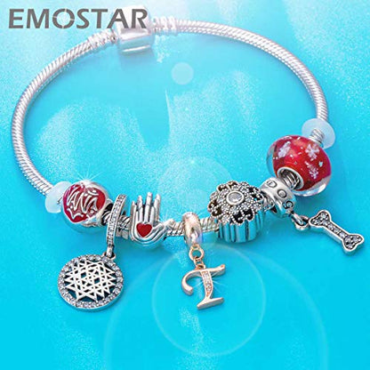 EMOSTAR Letter Charms Initial A-Z Alphabet Beads, Rose Gold 925 Sterling Silver Dangle CZ Birthstone Pendant, Gifts for European Charm Bracelet/Mothers Day/Birthday - color: Letter T