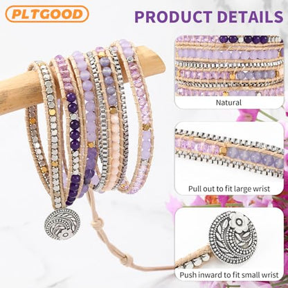 Boho 5 Wrap Bead Bracelet for Men Women - Handmade Adjustable Natural Chakras Stone Crystal Beaded Bracelets Cuff Rope Yoga Healing Bracelet Bangle Hippie Jewelry - color: Purple