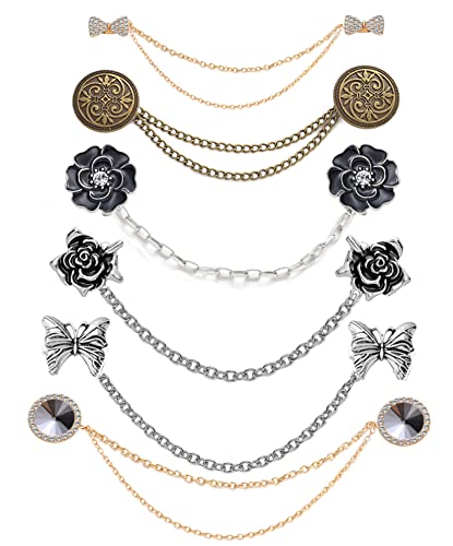 6 Pcs Antique Sweater Shawl Clip Chain Renaissance Style Rose Bowknot Brooch Flowers Wings Heart Cardigan Pin Gold sliver For Woman Men - style: B:6Pcs(Butterfly)