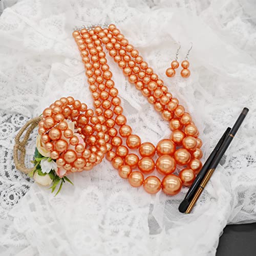 We We Imitation Pearl Necklace for Women Large Chunky Pearl Necklaces Multilayer Pearl Necklace and Earring 1920s Costume Jewelry set - color: orange pearl necklace set