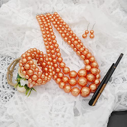 We We Imitation Pearl Necklace for Women Large Chunky Pearl Necklaces Multilayer Pearl Necklace and Earring 1920s Costume Jewelry set - color: orange pearl necklace set
