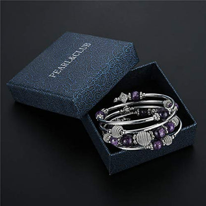 PEARL&CLUB Beaded Chakra Bangle Turquoise Bracelet - Fashion Jewelry Wrap Bracelet with Thick Silver Metal and Mala Beads, Birthday Gifts For Women - color: Purple