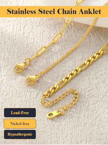 U7 2Pcs/3Pcs Ankle Bracelets for Women, Stainless Steel Cuban Link/Figaro/Rope/Heart Chain Anklets Sets,Waterproof Layered Anklets Adjustable 8.5"-10.5" - color: 05.3Pcs Style C-Gold
