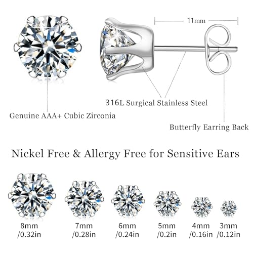 Ringcal Stainless Steel Stud Earrings Set Hypoallergenic Cubic Zirconia 14K White Gold CZ Earrings for Women - color: Silver-6Pairs-3 4 5 6 7 8mm