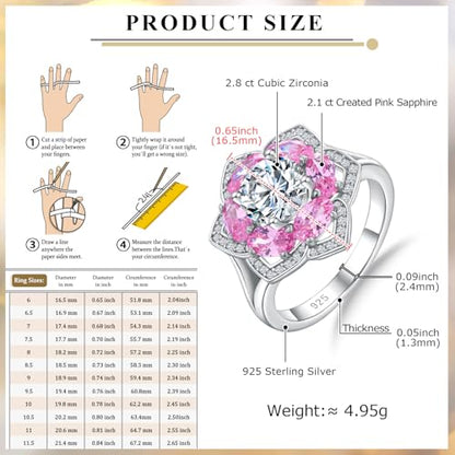 Flower Cocktail Ring for Women Stone Engagement Anniversary Rings | Sterling Silve|Hypoallergenic|Ruby|Sapphire|Emerald|Wedding and Birthday Party Women Statement Ring|Mother and Grandma Gift - color: Pink Tourmaline (Oct.)