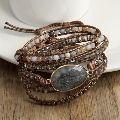 Women Wrap Bracelet Boho Natural Jasper Crystal Stone Beads Strand Bracelets - color: Style 07-Gray