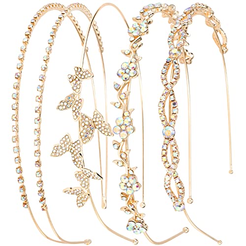 Wecoe 4 Pack AB Rhinestone Headbands Gold Metal Headbands Flower Girl Bridal Wedding Headband Crystal Headpieces Flower Leaf Butterfly Headband Formal Hair Accessories For Women Girls Gifts - color: Gold band & AB rhinestones