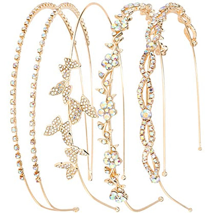 Wecoe 4 Pack AB Rhinestone Headbands Gold Metal Headbands Flower Girl Bridal Wedding Headband Crystal Headpieces Flower Leaf Butterfly Headband Formal Hair Accessories For Women Girls Gifts - color: Gold band & AB rhinestones