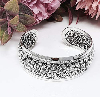 Chunky Statement 925 Sterling Silver Cuff Bangle Bracelet for Women - 25mm Floral Cuff - Ideal gift for her