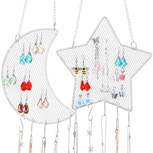 Jetec 2 Pcs Earring Wall Holder Wall Mounted Organizer Hanging Stand Decorative Diamond Grid Shape Jewelry Display Rack with Hanging Hooks for Earrings Necklace Bracelet(White) - color: White