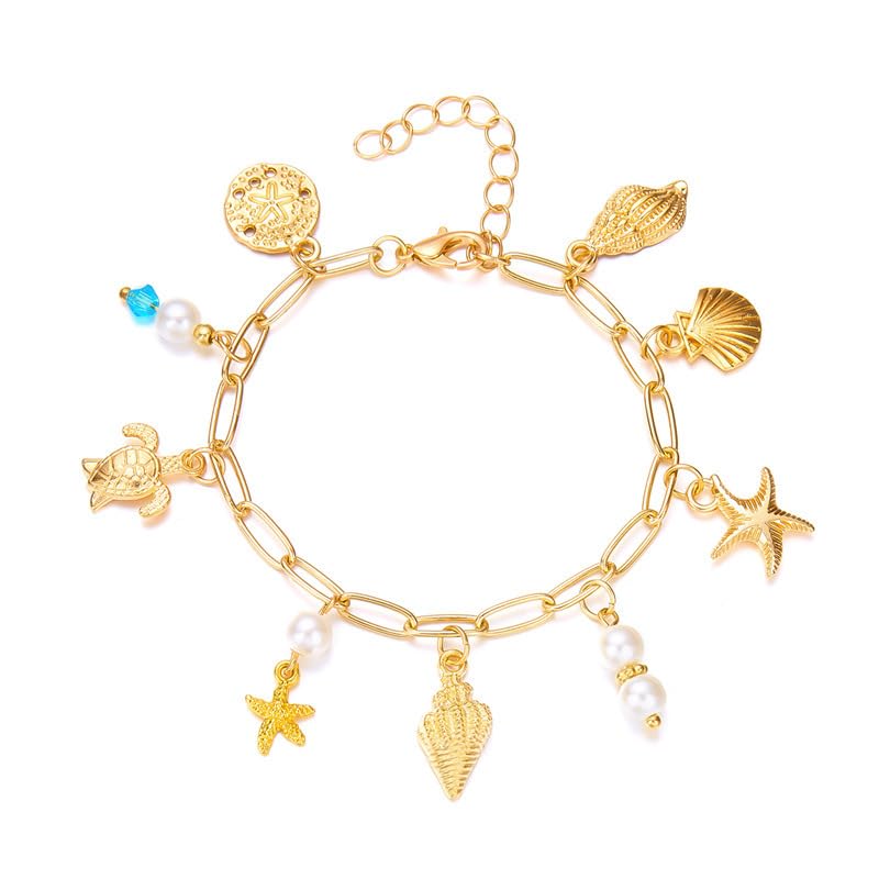 Shell Starfish Bracelet Seahorse Conch Starfish Sea Shell Pearls Charm Stone Bracelet Statement Bohemian Sea Themed Beach Jewelry for Women - color: Color C