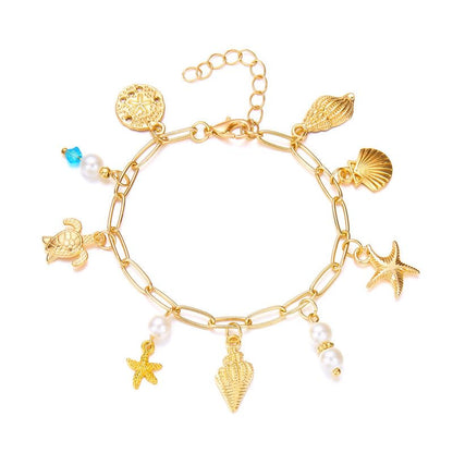 Shell Starfish Bracelet Seahorse Conch Starfish Sea Shell Pearls Charm Stone Bracelet Statement Bohemian Sea Themed Beach Jewelry for Women - color: Color C