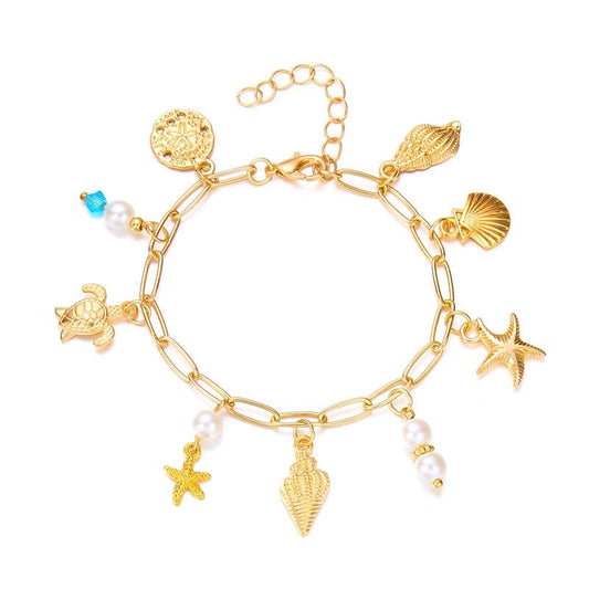 Shell Starfish Bracelet Seahorse Conch Starfish Sea Shell Pearls Charm Stone Bracelet Statement Bohemian Sea Themed Beach Jewelry for Women - color: Color C
