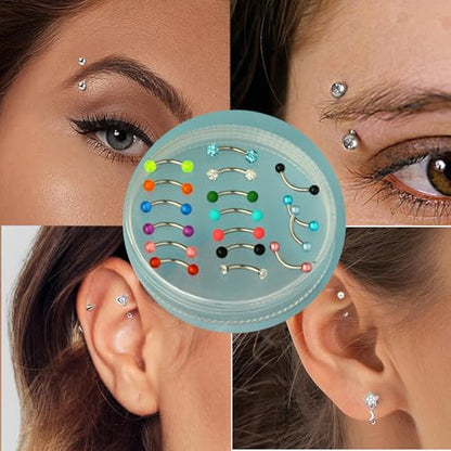 Suotarn 47pcs 16G Stainless Steel Eyebrow Piercing Rings Clear CZ Curved Barbell Helix Daith Rook Earrings Piercing Body Jewelry for Women Men - style: 47pcs mix