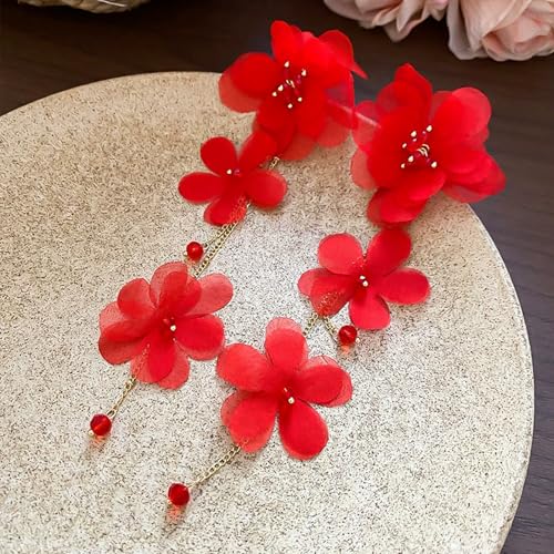 Flower Earrings for Women Long Fabric Flower Tassel Earrings Bohemian Handmade Floral Statement Earring Wedding Prom Jewelry Gifts - color: A5：red