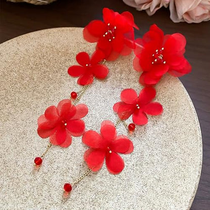 Flower Earrings for Women Long Fabric Flower Tassel Earrings Bohemian Handmade Floral Statement Earring Wedding Prom Jewelry Gifts - color: A5：red
