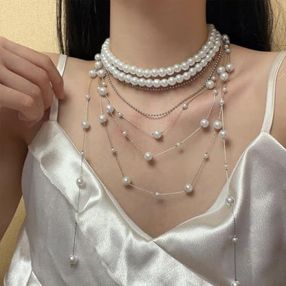 Layered Pearl Choker Necklace for Women Long Pearl Tassel Necklaces Multi Strand Pearl Necklaces Faux Pearl Necklace Wedding Jewelry - color: White