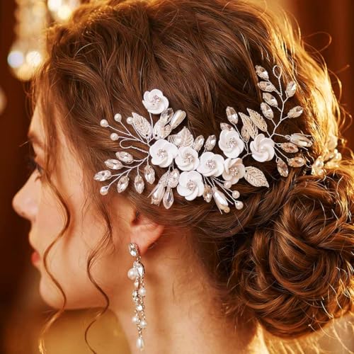Flower Bridal Hair Vine Silver Wedding Hair piece Rhinestone Headpiece Accessories for Women and Brides (5.9Inches) (A-Silver) - color: A-Silver