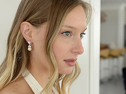 Mariell Clip-On Pearl Drop Bridal Earrings with Cubic Zirconia Crystals and Ivory Pearls For Brides, Bridesmaids, Weddings, Jewelry Gift for Women - color: Rose Gold