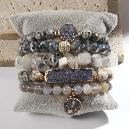 Yomisa 5PCS 6PCS Natural Boho Beaded Bracelets/Bangle for Women Men,Healing Turquoise Jasper Agate Crystal Gemstone Stone Chakra Multilayer Wrap Bohemian Handmade Jewelry Beads Stretch Bracelet Set - color: 5PCS-Gray