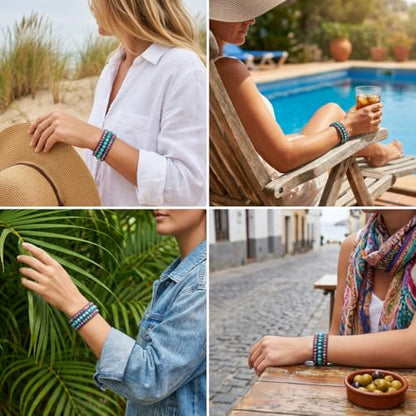 YGLINE Boho Handmade Natural Stone Bead 3 Row Wide Wrap Wrist Statment Bracelet Jewelry Collection - color: Regalite
