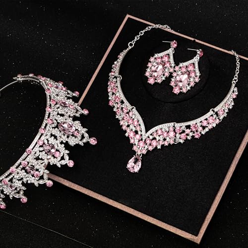 Crowns and Tiaras jewelry sets for Wedding princess birthday party Halloween Prom Pageant Jewelry for Women Crystal Bridal Jewelry Set for women - color: Silver Pink