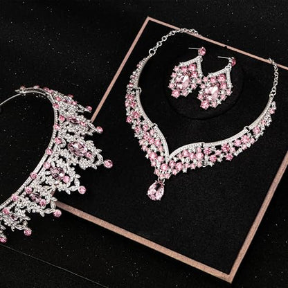 Crowns and Tiaras jewelry sets for Wedding princess birthday party Halloween Prom Pageant Jewelry for Women Crystal Bridal Jewelry Set for women - color: Silver Pink