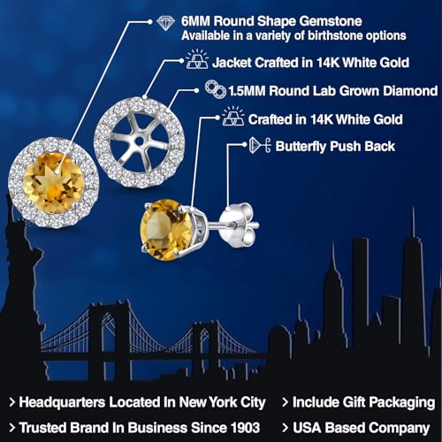 Gem Stone King 14K White Gold 6MM Round Gemstone Birthstone Stud Earrings with Removable Jackets and Lab Grown Diamond Accents | Gold Earrings For Women | Fine Jewelry Gift for Her Mom Women Wife - color: Citrine-November
