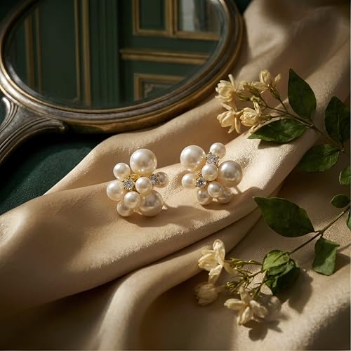 Crafted Pearl Cluster Earrings, Chunky Faux Pearls For Women, Dainty Rhinestone Studs, Elegant Bridal Wedding Jewelry, Statement Stud Accessories Gift