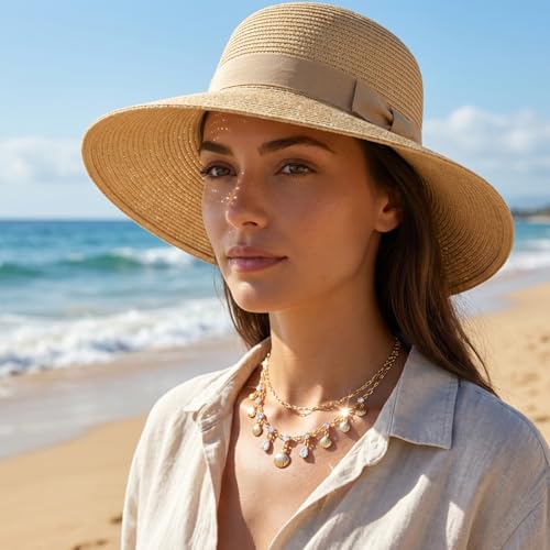 Layered Shell Necklace for Women Gold Seashell Charm Necklace with Crystal Style Drops Tropical Beach Vacation Jewelry Summer Outfit Accessories for Dresses Swimsuits Cruises and Gifts - color: A2:shell necklace