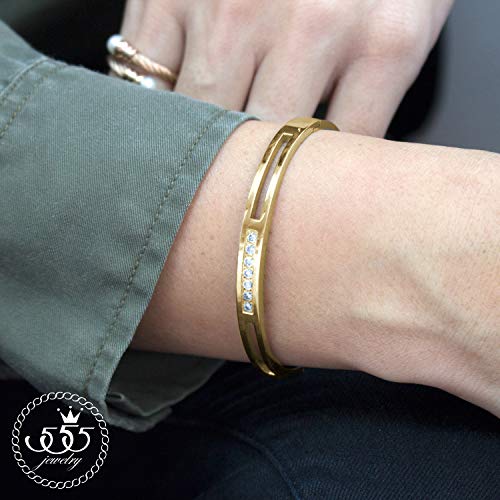 555Jewelry Womens Stainless Steel Fashion CZ Studded Cuff Bangle Bracelet - color: Yellow Gold - Grooved