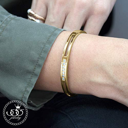 555Jewelry Womens Stainless Steel Fashion CZ Studded Cuff Bangle Bracelet - color: Yellow Gold - Grooved