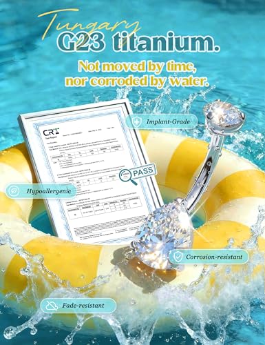 Tungary G23 Titanium Belly Button Rings for Women 14G Internally Threaded | Hypoallergenic Long Navel Piercing Jewelry, 3/8" Implant Grade Dangle Belly Button Piercing, 5A CZ, with Vacuum PVD Finish - color: Teardrop: Titanium Silver