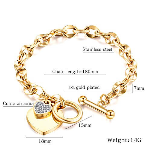 kelistom 316L Stainless Steel Love Heart Charm Bracelet for Women Romantic Gift Silver/Rose/18k Gold Plated OT Clasp Bracelets - color: 18k gold-1