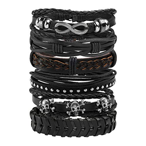 6-12PCS Braided Faux Leather Bracelet Punk Cuff Wrap Bracelets for Men Women Adjustable - color: D:6pcs