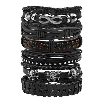 6-12PCS Braided Faux Leather Bracelet Punk Cuff Wrap Bracelets for Men Women Adjustable - color: D:6pcs