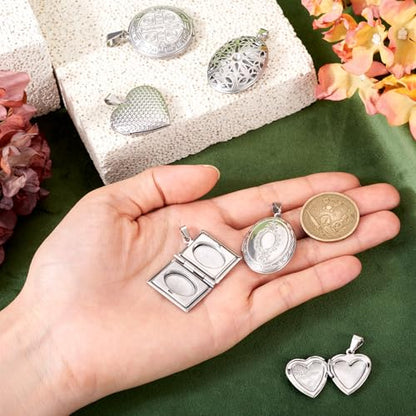 6Pcs 316 Stainless Steel Locket Pendants Heart Oval Flat Round Rectangle Photo Frame Charms Silver Locket Charms for Necklaces DIY Memorial Necklace Making - color: Golden Color, 6 Styles