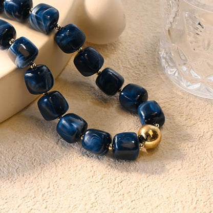 VIBILIA Boho Beaded Chunky Statement Necklace for Women Y2K Summer Jewelry | Boho Handmade Large Resin Bead Strand, Trendy Statement Summer Vacation Holiday Jewelry - color: Square-Navy blue