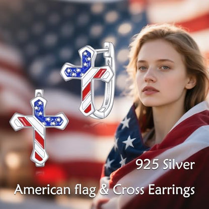 Blue Evil Eye/Celtic/Owl/Moonstone/Paw Print/Cubic Zirconia Hoop Earrings for Women 925 Sterling Silver Women Earrings Jewelry - style: American Flag