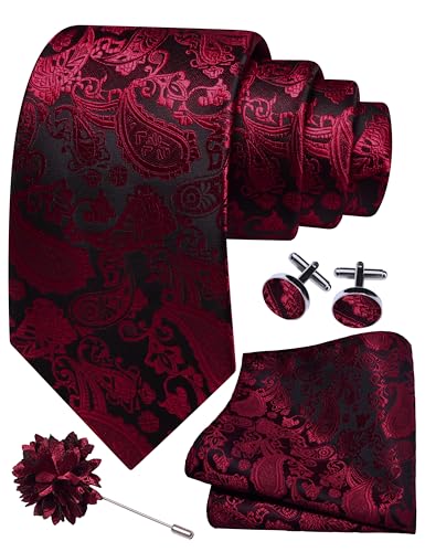 GUSLESON 3.15"（8cm） Mens Paisley Tie and Lapel Pin Necktie Hankerchief Cufflinks Set for Men - color: Burgundy Black